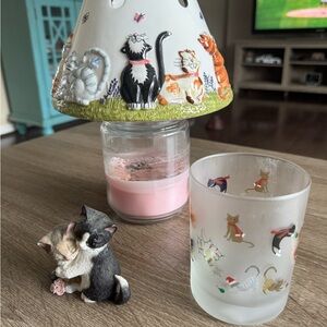 Cat-Themed Candle Holder and Glass Set plus Lenox Cat Figurine